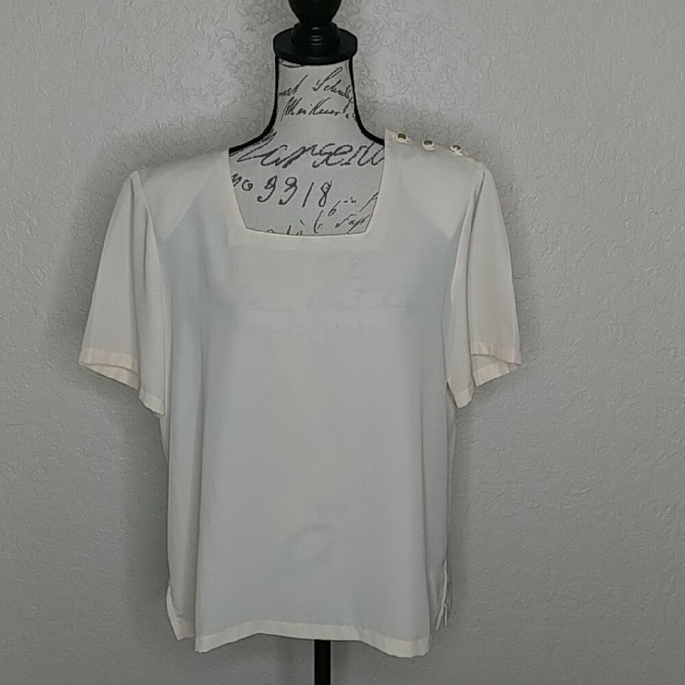 Patchington Short Sleeve Cream Shirt Minimalist Retro Preppy Size M
